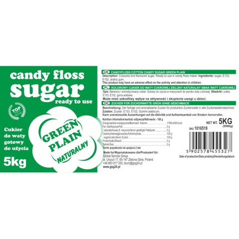 Kolorowy cukier do waty cukrowej zielony o smaku naturalnym 5kg Kolorowy cukier do waty cukrowej zielony o smaku naturalnym 5kg
