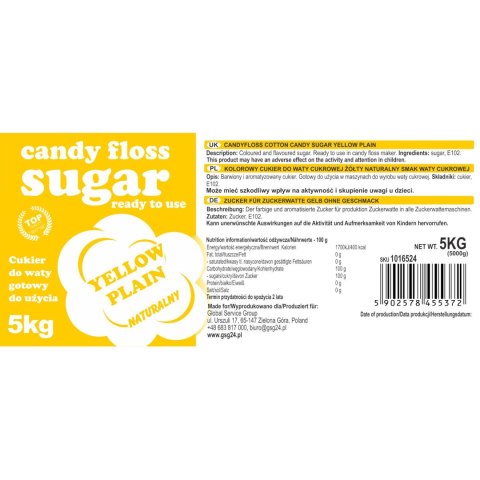 Kolorowy cukier do waty cukrowej żółty o smaku naturalnym 5kg Kolorowy cukier do waty cukrowej żółty o smaku naturalnym 5kg