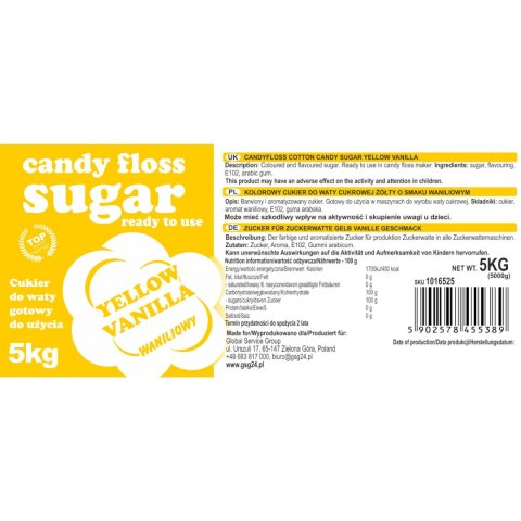 Kolorowy cukier do waty cukrowej żółty o smaku waniliowym 5kg Kolorowy cukier do waty cukrowej żółty o smaku waniliowym 5kg