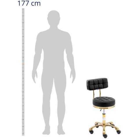 Krzesło taboret hoker kosmetyczny z oparciem na kółkach do 150 kg GELA czarno złoty Krzesło taboret hoker kosmetyczny z oparciem na kółkach do 150 kg GELA czarno złoty