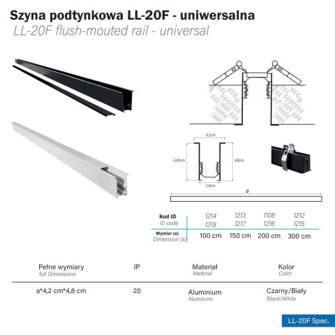Szyna magnetyczna podtynkowa LL-20F biała 300cm Szyna magnetyczna podtynkowa LL-20F biała 300cm