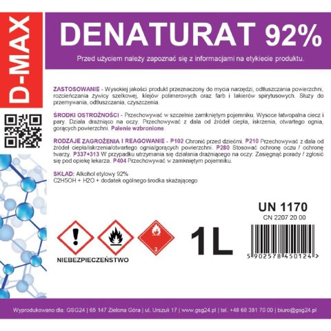 Denaturat alkohol skażony D-MAX 1L Denaturat alkohol skażony D-MAX 1L