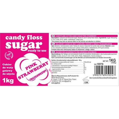 Kolorowy cukier do waty cukrowej różowy o smaku truskawkowym 1kg Kolorowy cukier do waty cukrowej różowy o smaku truskawkowym 1kg
