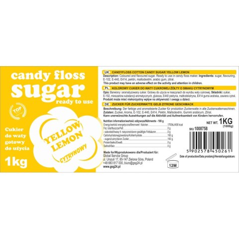 Kolorowy cukier do waty cukrowej żółty o smaku cytrynowym 1kg Kolorowy cukier do waty cukrowej żółty o smaku cytrynowym 1kg