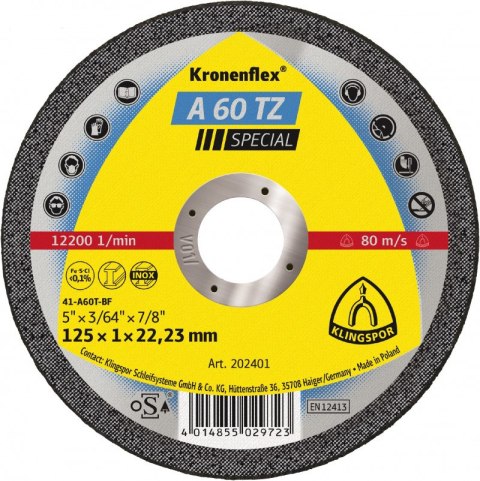 TARCZA PŁASKA A60TZ T1A 125*1.0*22 202401 KLINGSPOR TARCZA PŁASKA A60TZ T1A 125*1.0*22 202401 KLINGSPOR