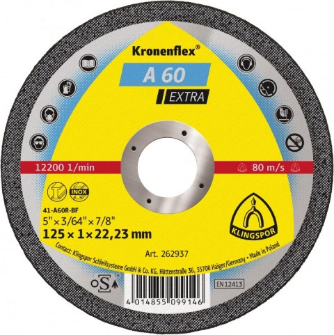 TARCZA PŁASKA A60EX T1A 125*1.0*22 262937 KLINGSPOR TARCZA PŁASKA A60EX T1A 125*1.0*22 262937 KLINGSPOR