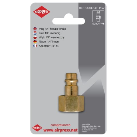 WTYK SZYBKOZŁĄCZKI Z GWINTEM WEWNĘTRZNYM 1/4'' AIRPRESS WTYK SZYBKOZŁĄCZKI Z GWINTEM WEWNĘTRZNYM 1/4'' AIRPRESS