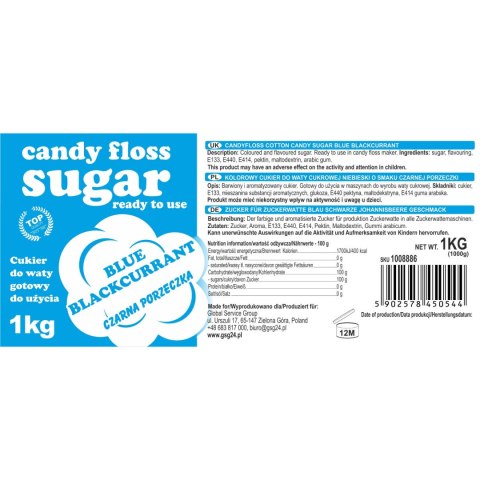 Kolorowy cukier do waty cukrowej niebieski o smaku czarnej porzeczki 1kg Kolorowy cukier do waty cukrowej niebieski o smaku czarnej porzeczki 1kg
