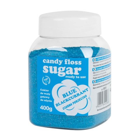 Kolorowy cukier do waty cukrowej niebieski o smaku czarnej porzeczki 400g Kolorowy cukier do waty cukrowej niebieski o smaku czarnej porzeczki 400g