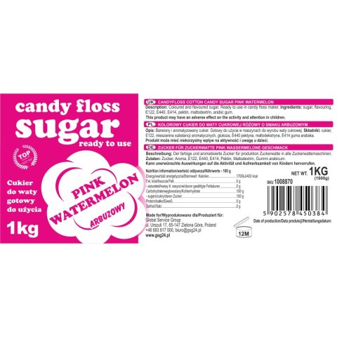 Kolorowy cukier do waty cukrowej różowy o smaku arbuzowym 1kg Kolorowy cukier do waty cukrowej różowy o smaku arbuzowym 1kg