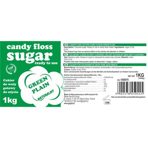 Kolorowy cukier do waty cukrowej zielony naturalny smak waty cukrowej 1kg Kolorowy cukier do waty cukrowej zielony naturalny smak waty cukrowej 1kg