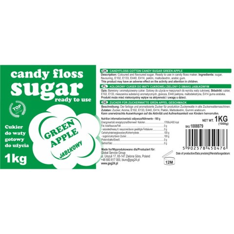 Kolorowy cukier do waty cukrowej zielony o smaku jabłkowym 1kg Kolorowy cukier do waty cukrowej zielony o smaku jabłkowym 1kg