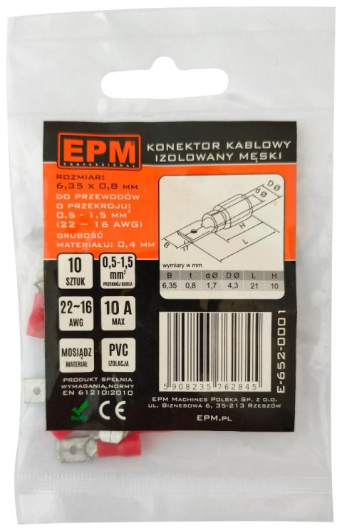 KOŃCÓWKA WSUWANA IZOLOWANA 0.5-1.5MM 0.8-6.35 10 SZTUK EPM KOŃCÓWKA WSUWANA IZOLOWANA 0.5-1.5MM 0.8-6.35 10 SZTUK EPM