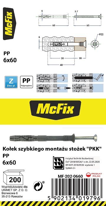 KOŁEK SZYBKI MONTAŻ STOŻEK PP 6*60MM MC FIX KOŁEK SZYBKI MONTAŻ STOŻEK PP 6*60MM MC FIX