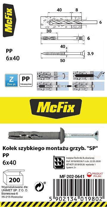 KOŁEK SZYBKI MONTAŻ Z KOŁNIERZEM PP 6*40MM MC FIX KOŁEK SZYBKI MONTAŻ Z KOŁNIERZEM PP 6*40MM MC FIX