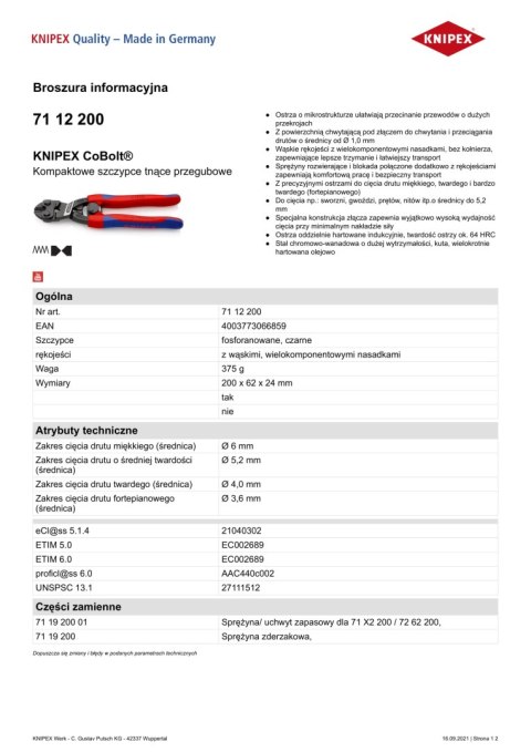 SZCZYPCE TNĄCE PRZEGUBOWE ZE SPRĘŻYNĄ COBOLT 200MM KNIPEX