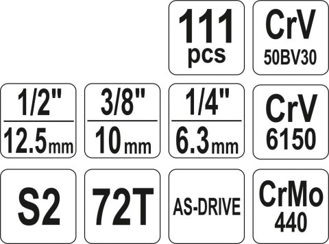 ZESTAW NARZĘDZIOWY 1/4'' 3/8'' 1/2'' 111CZĘŚCI XL YATO ZESTAW NARZĘDZIOWY 1/4'' 3/8'' 1/2'' 111CZĘŚCI XL YATO