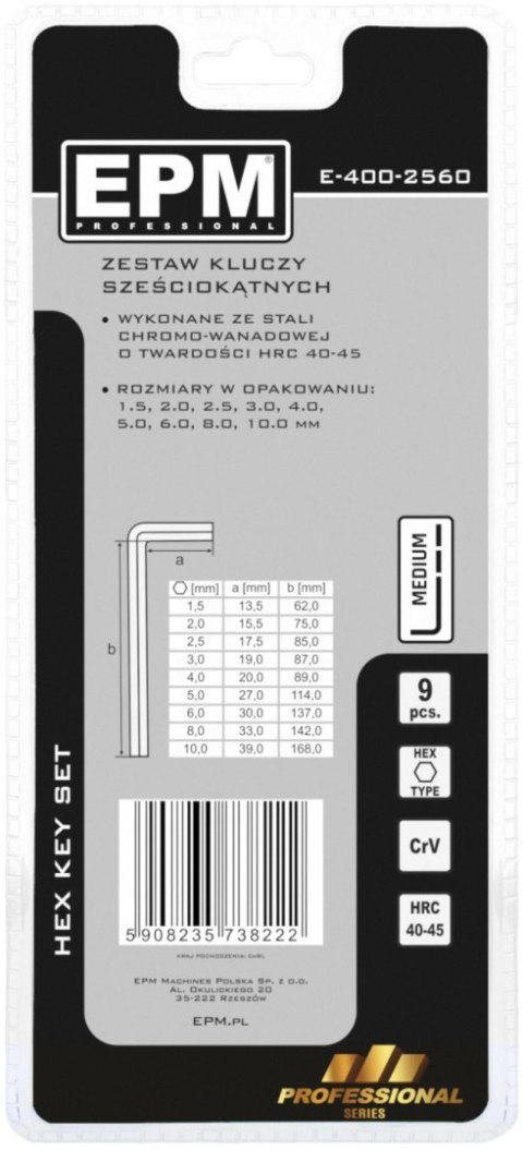KOMPLET KLUCZY IMBUSOWY ''HEX'' TYP L 9SZT ŚREDNIE EPM KOMPLET KLUCZY IMBUSOWY ''HEX'' TYP L 9SZT ŚREDNIE EPM