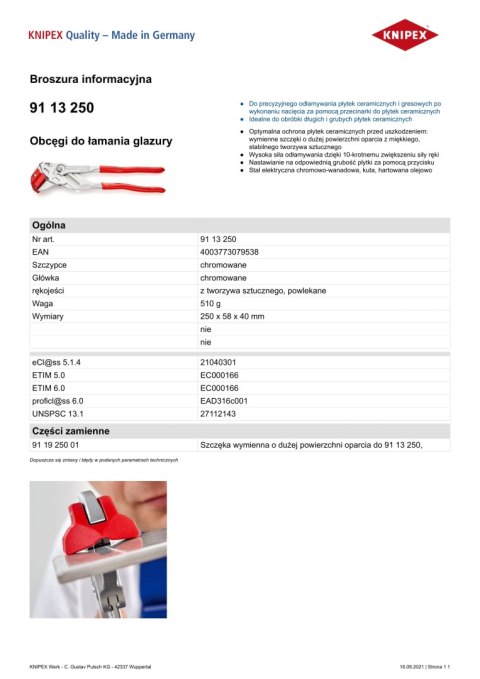 SZCZYPCE DO GLAZURY 250MM KNIPEX SZCZYPCE DO GLAZURY 250MM KNIPEX