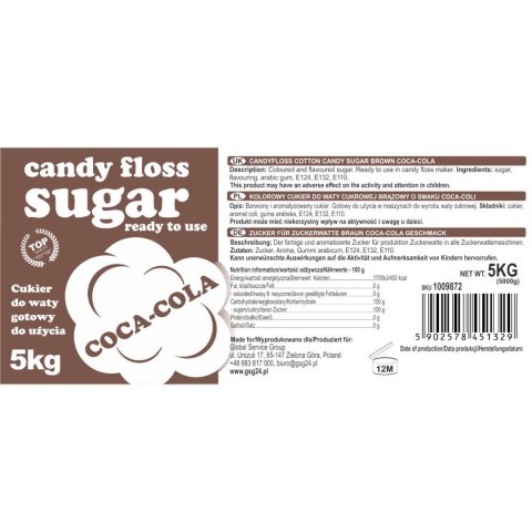 Kolorowy smakowy cukier do waty cukrowej brązowy o smaku coca coli 5kg Kolorowy smakowy cukier do waty cukrowej brązowy o smaku coca coli 5kg