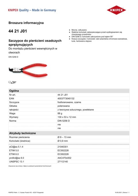SZCZYPCE DO PIERŚCIENI SEGERA WEWNĘTRZNE WYG. 130MM 8-13MM KNIPEX