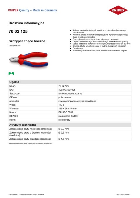 SZCZYPCE TNĄCE BOCZNE 125MM, POWLEKANE KNIPEX SZCZYPCE TNĄCE BOCZNE 125MM, POWLEKANE KNIPEX