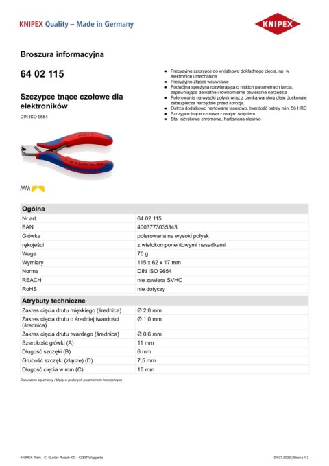SZCZYPCE TNĄCE CZOŁOWE, POWLEKANE 160MM. KNIPEX SZCZYPCE TNĄCE CZOŁOWE, POWLEKANE 160MM. KNIPEX