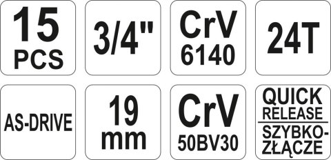 ZESTAW NARZĘDZIOWY 3/4' 15CZ. YATO ZESTAW NARZĘDZIOWY 3/4' 15CZ. YATO