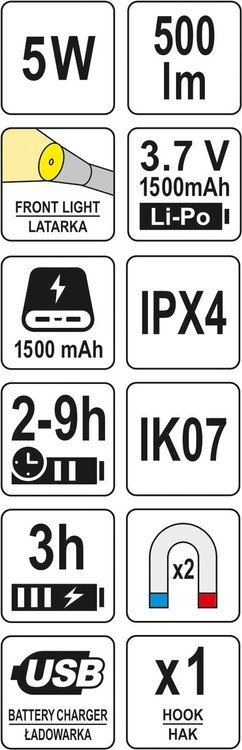 LATARKA ROBOCZA 500LM, LI-PO 3,7V 1500MAH YATO