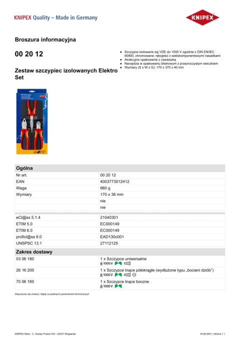 ZESTAW SZCZYPIEC 3 SZT. KNIPEX ZESTAW SZCZYPIEC 3 SZT. KNIPEX