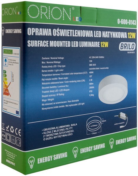 PANEL LED NATYNKOWY OKRĄGŁY BRILO 175MM, 12W, 960LM ORION PANEL LED NATYNKOWY OKRĄGŁY BRILO 175MM, 12W, 960LM ORION