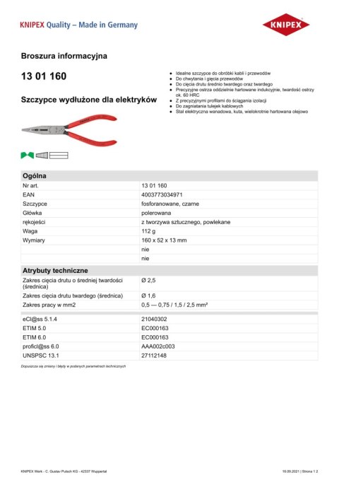 SZCZYPCE DLA ELEKTRYKÓW 160MM KNIPEX SZCZYPCE DLA ELEKTRYKÓW 160MM KNIPEX