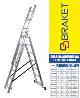 DRABINA ALUMINIOWA 3-ELEMENTOWA 420CM 7+7+7 SZCZEBLI BRAKET