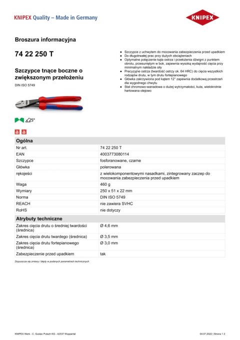 SZCZYPCE TNĄCE BOCZNE O ZWIĘKSZONYM PRZEŁOŻENIU 250MM KNIPEX SZCZYPCE TNĄCE BOCZNE O ZWIĘKSZONYM PRZEŁOŻENIU 250MM KNIPEX