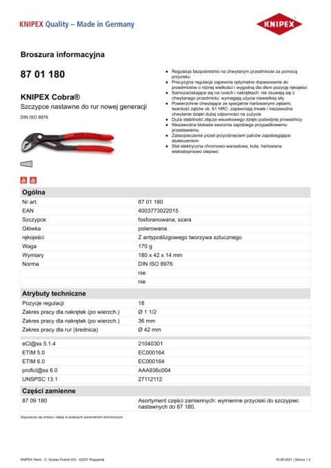 SZCZYPCE DO RUR COBRA 180MM KNIPEX SZCZYPCE DO RUR COBRA 180MM KNIPEX