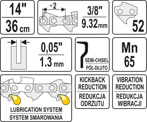 ŁAŃCUCH TNĄCY DO PILARKI 14'' 3/8' 1.3MM 52Z YATO ŁAŃCUCH TNĄCY DO PILARKI 14'' 3/8' 1.3MM 52Z YATO