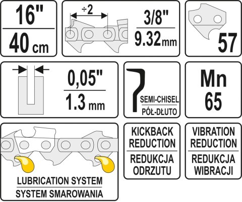 ŁAŃCUCH TNĄCY DO PILARKI 16'' 3/8' 1.3MM 57Z YATO ŁAŃCUCH TNĄCY DO PILARKI 16'' 3/8' 1.3MM 57Z YATO