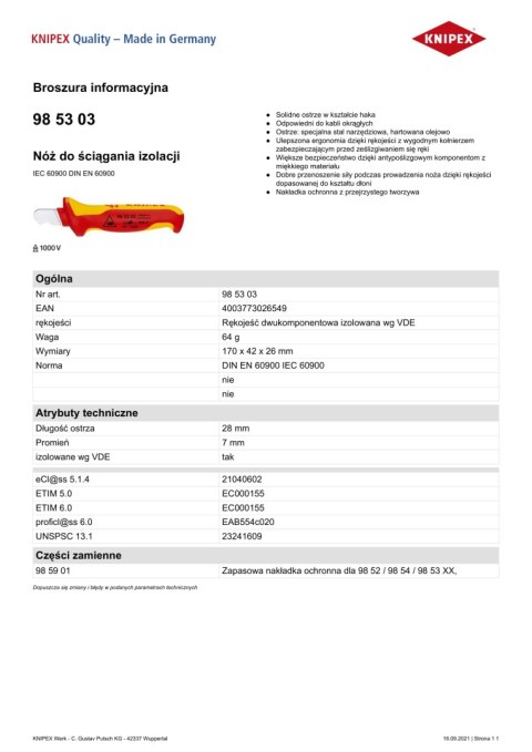 NÓŻ DO ŚCIĄGANIA IZOLACJI 170MM KNIPEX NÓŻ DO ŚCIĄGANIA IZOLACJI 170MM KNIPEX