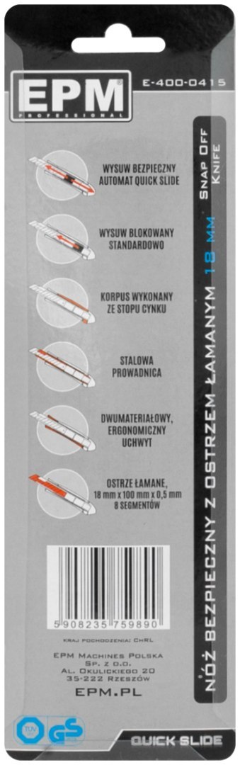 NÓŻ, NOŻYK Z OSTRZEM ŁAMANYM ALUMINIOWY BEZPIECZNY 18MM EPM NÓŻ, NOŻYK Z OSTRZEM ŁAMANYM ALUMINIOWY BEZPIECZNY 18MM EPM