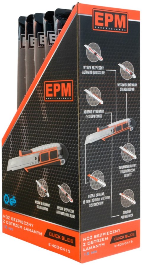 NÓŻ, NOŻYK Z OSTRZEM ŁAMANYM ALUMINIOWY BEZPIECZNY 18MM EPM NÓŻ, NOŻYK Z OSTRZEM ŁAMANYM ALUMINIOWY BEZPIECZNY 18MM EPM