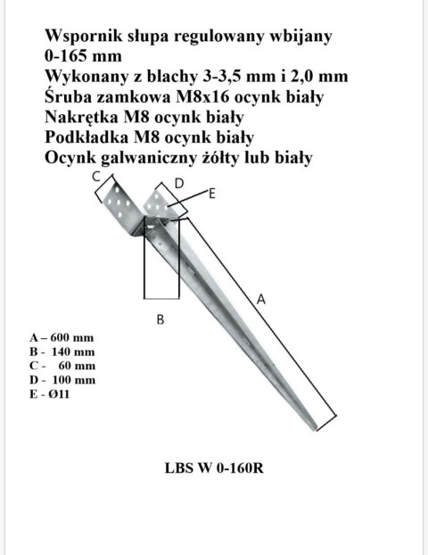 PODSTAWA SŁUPA WBIJANA REGULOWANA 0-165*700 MM UN PODSTAWA SŁUPA WBIJANA REGULOWANA 0-165*700 MM UN