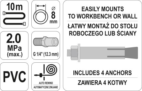 PRZEWÓD PNEUMATYCZNY NA ZWIJAKU AUTOMATYCZNYM 8MM 10M YATO PRZEWÓD PNEUMATYCZNY NA ZWIJAKU AUTOMATYCZNYM 8MM 10M YATO