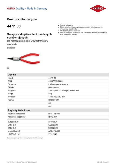 SZCZYPCE DO PIERŚCIENI SEGERA WEWNĘTRZNE PROST.130MM 08-13MM KNIPEX SZCZYPCE DO PIERŚCIENI SEGERA WEWNĘTRZNE PROST.130MM 08-13MM KNIPEX