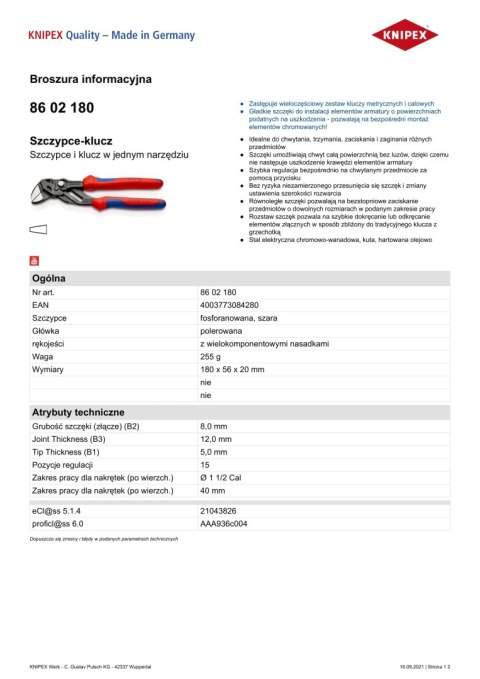 SZCZYPCE-KLUCZ 180MM KNIPEX SZCZYPCE-KLUCZ 180MM KNIPEX