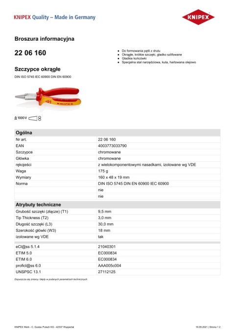 SZCZYPCE OKRĄGŁE 1000V 160MM KNIPEX SZCZYPCE OKRĄGŁE 1000V 160MM KNIPEX